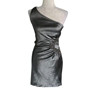 Jessica McClintock Vintage Metallic Pewter Beaded Ruched One Shoulder Dress - 6